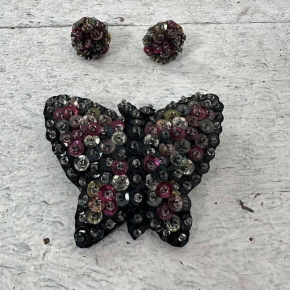 Vintage 1940s Sequin Butterfly Brooch And Earring Set - Picture 1 of 6